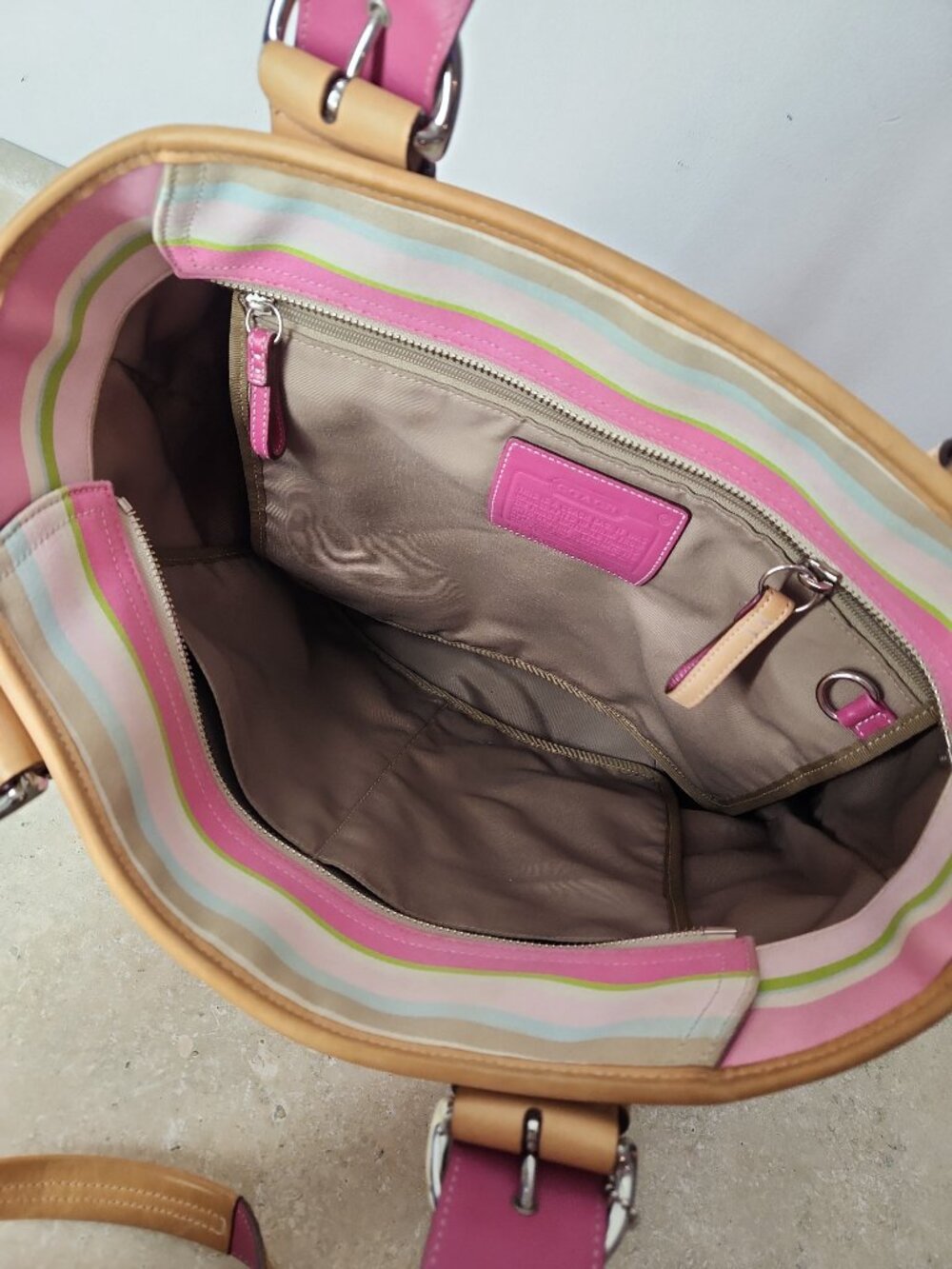 vintage Coach Hampton Stripe Canvas Tote Bag Vachetta leather trim M05S-5175 - Picture 12 of 16